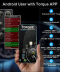 OBD2 Bluetooth Car Diagnostic Scanner For iOS And Android with Torque app interface displayed on phone screen.