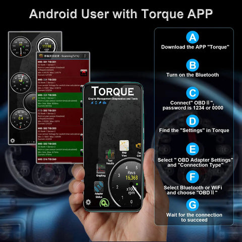 OBD2 Bluetooth Car Diagnostic Scanner For iOS And Android with Torque app interface displayed on phone screen.
