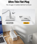 3 Ft Short Extension Cord Surge Protector Power Strip 8 In 1 with ultra thin flat plug for snug fit behind furniture.