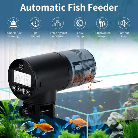 Rock Solid Automatic Fish Feeder With Nailed It Timing Accuracy And Rechargeable Battery For Home Aquariums And Backyard Ponds, showing LCD panel and moisture-sealed design.
