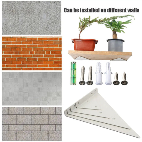 Hella Sturdy Hidden Shelf Brackets Weight Bearing Floating Support Heavy Duty Triangle Wall Mounts For Living Room Decor And Rust Resistant Display 2 Pack White on various wall types with plants.