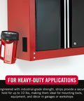 Velcro Brand heavy-duty adhesive fastener strip on red metal cabinet; red flashlight-style device attached to the side.