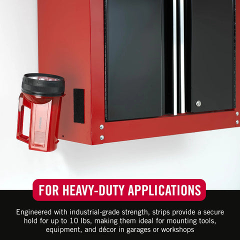 Velcro Brand heavy-duty adhesive fastener strip on red metal cabinet; red flashlight-style device attached to the side.