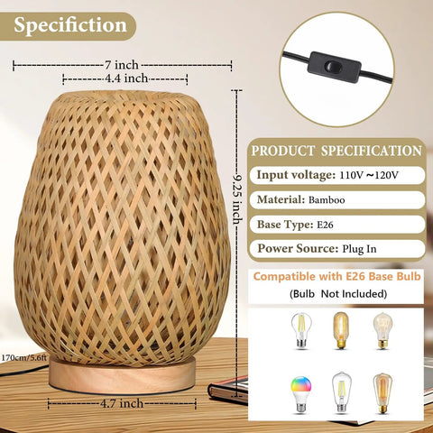 Bamboo table lamp with E26 base and plug-in power source, 9.25 inches tall, illustrating specifications and compatible bulbs