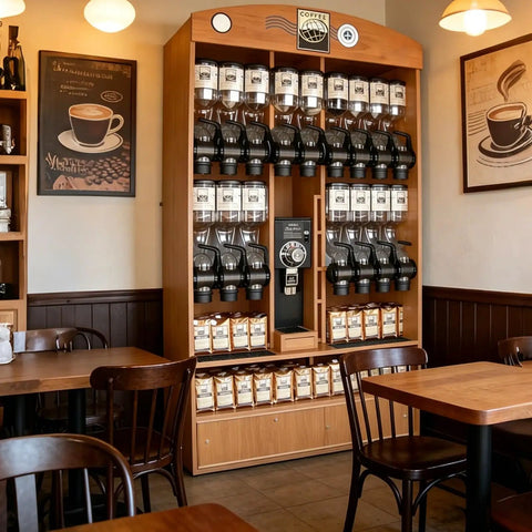 Straight Up Heavy Duty Coffee Bean Dispenser 4 Pack Solid Acrylic Storage Jars For Whole Beans Grains Cereal Snacks Countertop Organizers No Sweat Kitchen Setup Dope Space Saving in a cafe.