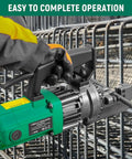Operator using Heavy Duty 5/8 Inch Electric Hydraulic Rebar Cutter Machine on steel rebar, showcasing its powerful 750W motor.