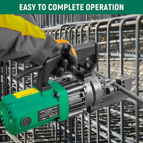 Operator using Heavy Duty 5/8 Inch Electric Hydraulic Rebar Cutter Machine on steel rebar, showcasing its powerful 750W motor.
