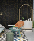 Modern living room with Dope Black Geometric Peel And Stick Wallpaper Self Adhesive Removable Matte For Easy Home Decor And Furniture Renovation.