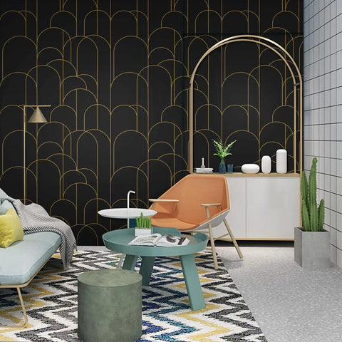 Modern living room with Dope Black Geometric Peel And Stick Wallpaper Self Adhesive Removable Matte For Easy Home Decor And Furniture Renovation.