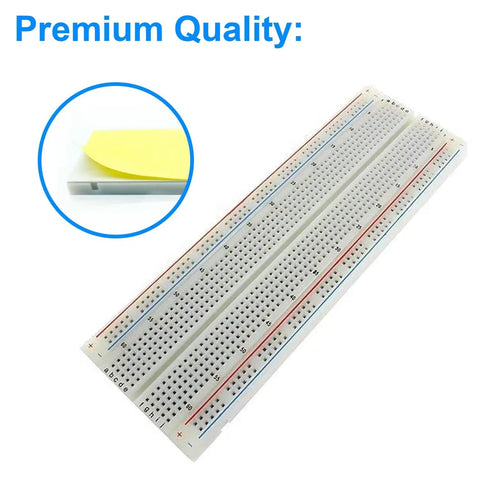 830 Point Solderless Breadboard Kit For Arduino Prototyping 6.5 By 2.1 Inch White ABS Board With IC Area and distribution rails, top view