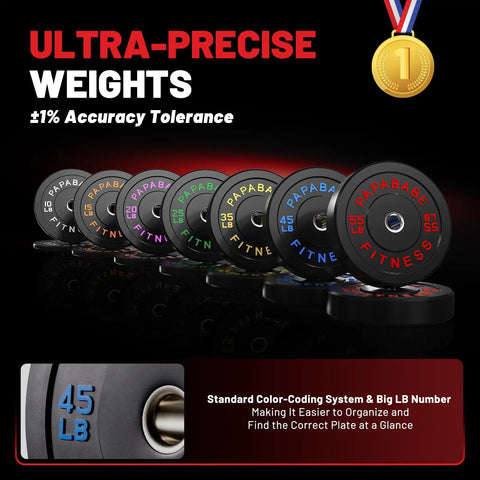Ultra-precise weights with color-coded Papababe bumper plates, 10lb to 55lb, for home gym use, featuring 45lb close-up