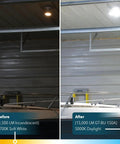 Comparison of garage lighting showing before and after installation of 15,000 Lumen LED Adjustable 4 Panel Garage Light.