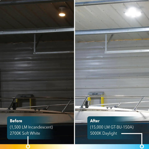 Comparison of garage lighting showing before and after installation of 15,000 Lumen LED Adjustable 4 Panel Garage Light.