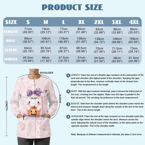 Pink Ghost Moisture Wicking Scrub Jacket For Women With Pockets Snap Front For Quick On Off Relaxed Straight Fit size chart guide