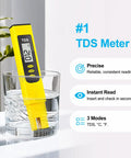 Water Test Kit With TDS Meter And 20 Test Strips, Eight In One Diagnostics, yellow digital TDS meter in glass of water