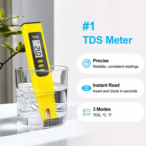 Water Test Kit With TDS Meter And 20 Test Strips, Eight In One Diagnostics, yellow digital TDS meter in glass of water