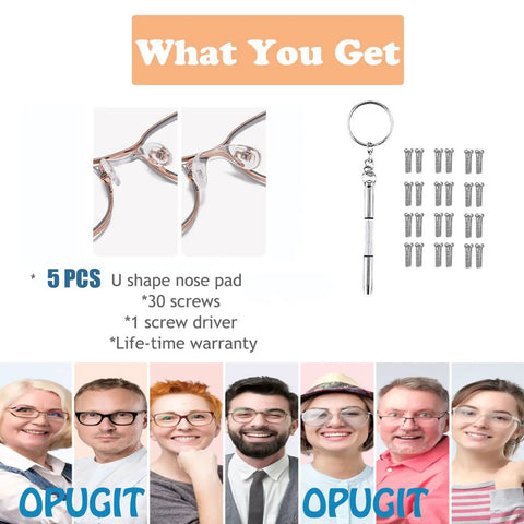 5 Piece Screw In U Shaped Eyeglass Nose Pads Super Comfy Hella Soft Silicone Bridge Relieves Pressure And Red Marks Flawlessly Fits Your Nose L Size, includes screw driver and screws.
