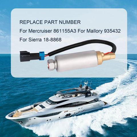 Electric Fuel Pump Replacement For Mercury Mercruiser Marine Boats 4.3L 5.0L 5.7L V6 V8 Carburetor Engines Low Pressure Replaces 861155A3 shown with boat