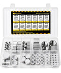 64 Pcs Hydraulic NPT Pipe Fittings Cap And Plug Adapter Kit in galvanized steel organized in storage case with size chart