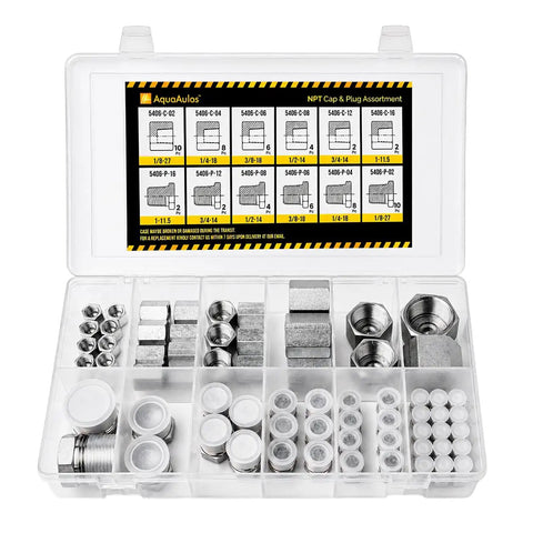64 Pcs Hydraulic NPT Pipe Fittings Cap And Plug Adapter Kit in galvanized steel organized in storage case with size chart