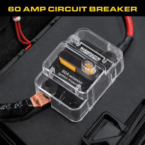 Hella Heavy Duty Built Rugged 60Amp Marine Circuit Breaker With Waterproof Sealed Cover Battery Disconnect Switch Inline Fuse Protector For Solar Boat Trolling Motor Systems installed on a battery.