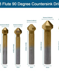 Aracombie 6-pack 3-flute 90-degree countersink drill bits, titanium HSS end mills, front view.