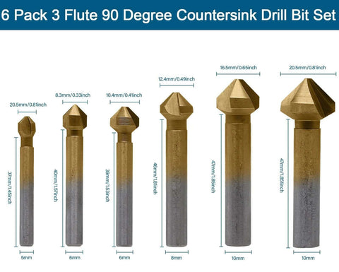 Aracombie 6-pack 3-flute 90-degree countersink drill bits, titanium HSS end mills, front view.
