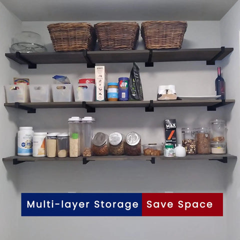 Six Pack Heavy Duty Shelf Brackets 5mm Thick 6 Inch Wall Mounted Industrial Metal Shelf Supports with storage items
