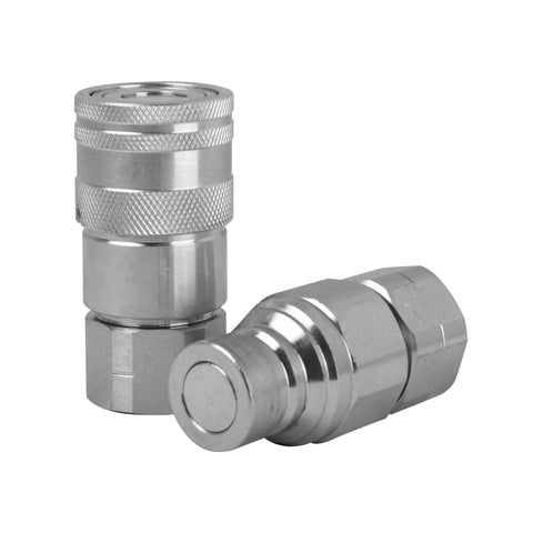 ISO 16028 hydraulic quick connect flat face coupling with dust caps, rust-resistant zinc plated, compatible with Parker, Stucchi, Hansen.