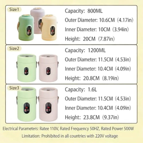 Portable 500W Electric Cooker with 800ml, 1200ml, 1.6L sizes, ceramic glaze inner, steamer, 12-hour timer, keep-warm, dorm-friendly.
