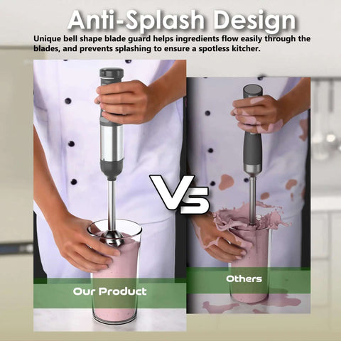 Kickass 5-In-1 Cordless Immersion Blender With Rechargeable Handheld Battery shown in anti-splash design for minimal mess.