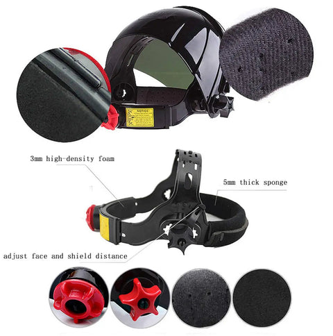 Auto Darkening Welding Helmet With Shade 9 For Argon Arc And Gas Shielded Welding, showing interior padding and adjustment features.