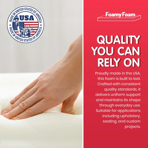 High Density Upholstery Foam Cushion Replacement 2 Inch Thick 24 Inch Wide 72 Inch Long Perfect For Sofa Or Couch Seat Cushions Benches And More Durable As Heck For DIY Upholstery Projects with hand pressing foam and USA quality badge.