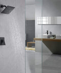 Matte Black Shower Faucet Set With 8 Inch Rain Shower Head, Single Handle Trim Kit And Rough In Valve in modern bathroom
