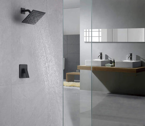 Matte Black Shower Faucet Set With 8 Inch Rain Shower Head, Single Handle Trim Kit And Rough In Valve in modern bathroom