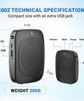 Powerful Wireless Voice Amplifier With Headset Mic For Classrooms Portable Bluetooth PA System 15W Speaker Delivers Loud Clear Sound Across Big Spaces Perfect For Teachers Lectures And Presentations, showing technical specifications with measurements and side controls.