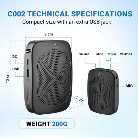 Powerful Wireless Voice Amplifier With Headset Mic For Classrooms Portable Bluetooth PA System 15W Speaker Delivers Loud Clear Sound Across Big Spaces Perfect For Teachers Lectures And Presentations, showing technical specifications with measurements and side controls.