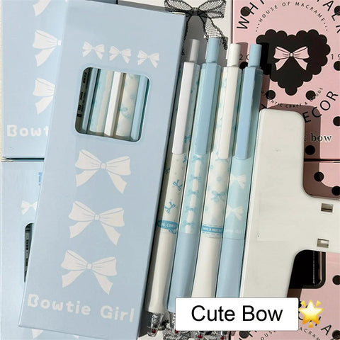 4 Pack Cute Bowknot Gel Pens Retractable 0.5mm Fine Point Black Ink Smooth Writing Office School Supplies Blue Cartoon Kawaii Pens For Women And Girls in packaging