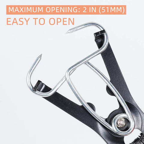 Close-up of spring-loaded pliers from Heavy Duty Miter Clamps Kit with maximum opening 2 in, showing metal and black handle detail.
