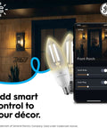 Smart LED Candle Bulb 60W Equivalent Soft White, Pairs With Alexa and Google Home, shown with app interface and porch setting