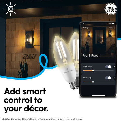 Smart LED Candle Bulb 60W Equivalent Soft White, Pairs With Alexa and Google Home, shown with app interface and porch setting