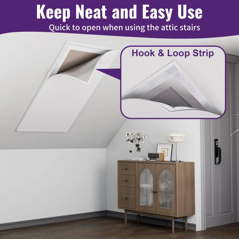 Heavy Duty Attic Stairs Insulation Cover With Aluminum Foil Heat Barrier For Ceiling Access Door showcasing easy access and hook & loop strip.