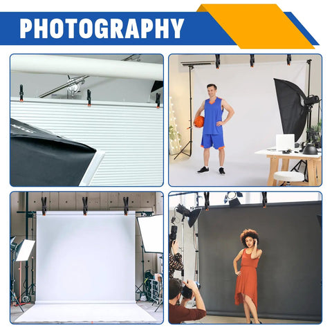 12 Pack Plastic Spring Clamps Set With 3.5 Inch 4.5 Inch And 6 Inch holding photography backdrops in studio setup