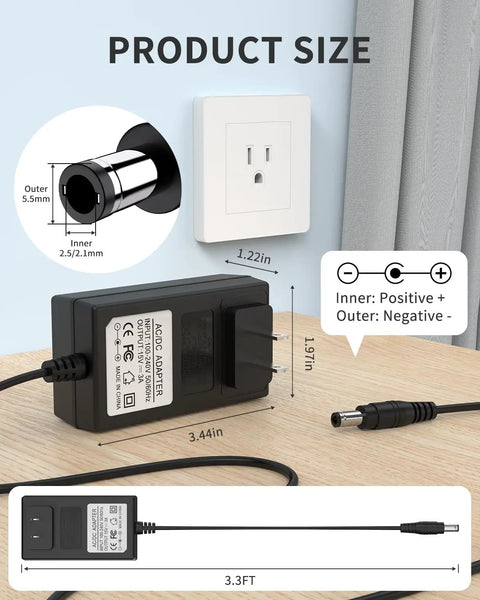 Universal 15V 3A Power Supply Adapter Charger With 45W Output, Works Worldwide 100V-240V Input, DC 15V 3A, Round Barrel Plug 5.5x2.1mm And 2.5mm Tip, Center Positive, 3.3ft Cord, Smart Safety Chip Protects Against Short Circuit Overload Voltage, black adapter size shown