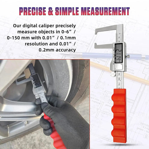 Digital Brake Rotor Caliper Measuring Tool 6 Inch With Inch And Millimeter Conversion Stainless Steel Electronic Vernier Caliper With LCD Screen Auto Off Perfect DIY Garage Pro Tool For Disc Brake Rotor Thickness in use, showing precision.