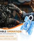 Mechanic working on engine with Sliding Jaw Window Regulator Kit with Clips for Volvo; focus on blue nylon pivot regulator.