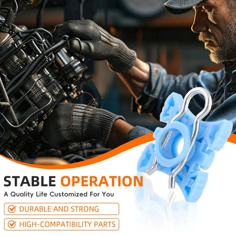 Mechanic working on engine with Sliding Jaw Window Regulator Kit with Clips for Volvo; focus on blue nylon pivot regulator.