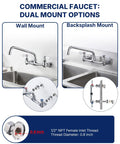 Lead-Free 8 Inch Center Wall Mount 3 Compartment Sink Faucet with 8" Spout, showing wall and backsplash mount options.