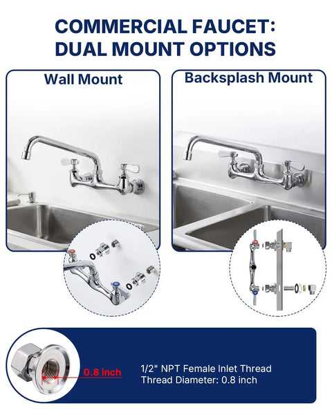 Lead-Free 8 Inch Center Wall Mount 3 Compartment Sink Faucet with 8" Spout, showing wall and backsplash mount options.