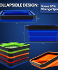 Foldable Magnetic Parts Tray Set 4 Pack Color Coded Collapsible Trays With 2 Pound Capacity And Strong Magnetic Base For Auto Repair Mechanics And Workshop Organization Grab And Go Ready, featuring stacked blue, green, orange trays and size dimensions.